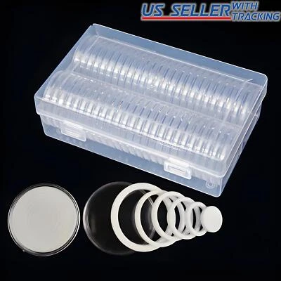 50PCS*40mm Coin Capsules Round Plastic Coin Holder White gaskets with Case Box - Image 1 of 2