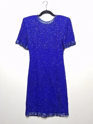 Vintage Stenay Women's Blue Shift Silk Dress Short Sleeve Beaded Lined Size 6 — 第 1/4 张图片