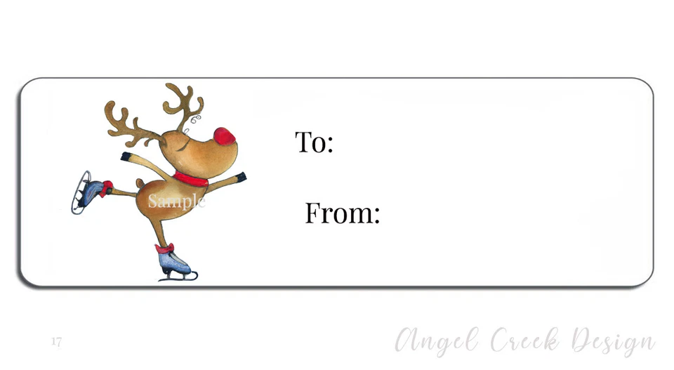 Skating Reindeer Gift Tags Self Stick Gift Tag Labels Christmas TO/FROM Stickers - Image 1 of 1