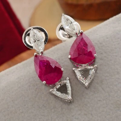 5.39 TCW Ruby Pear Gemstone Earrings 14k White Gold Lab Grown CVD Diamond Gift - Image 1 of 4