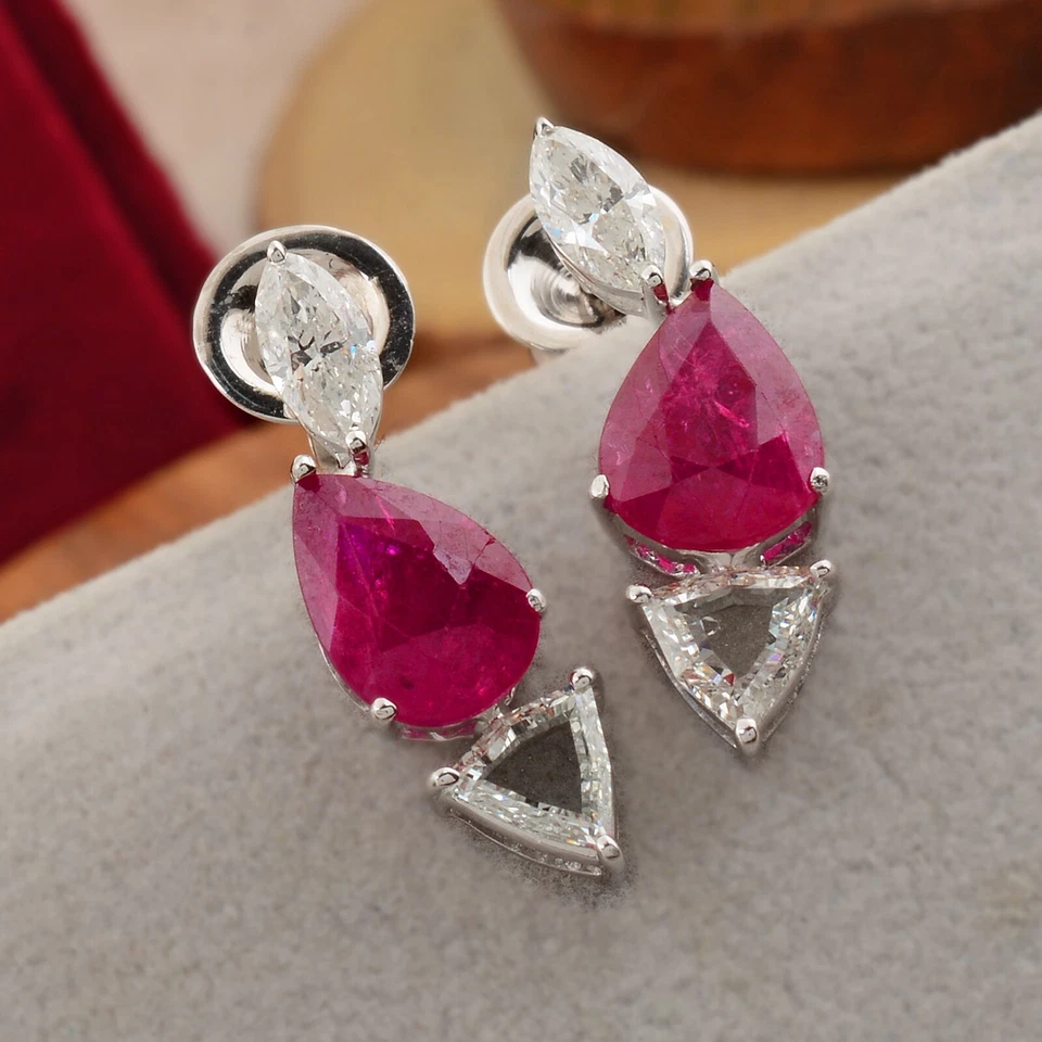 5.39 TCW Ruby Pear Gemstone Earrings 14k White Gold Lab Grown CVD Diamond Gift - Image 1 of 4