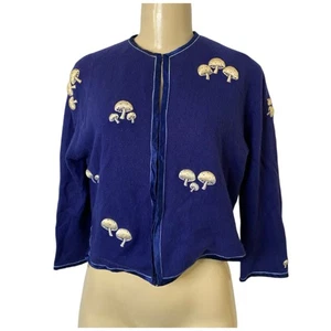 Vintage 50er 60er 100% reines Kaschmir blau Strickjacke Pullover Pilz Stickerei Medium - Bild 1 von 7