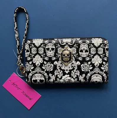 Новый Betsey Johnson черный/белый черепа розы бумажник кошелек с ремешком золотой молнии вокруг $58 - Изображение 1 из 4