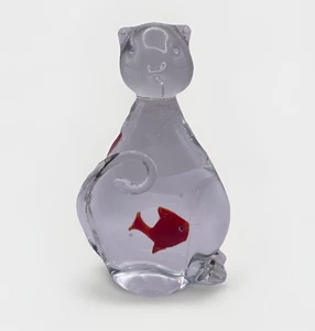 Murano Style Art Glass Cat Paperweight Figurine Clear w/ Goldfish Inside Belly - Picture 1 of 12