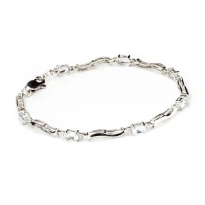 14K. SOLID GOLD TENNIS BRACELET WITH NATURAL DIAMONDS & AQUAMARINES (White Gold) - Picture 1 of 8