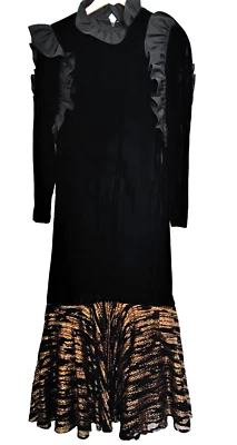 BILL BLASS Elegante Vestido de Noche Negro Terciopelo Satinado Dorado Bronce Fondo Metálico Foto 1 de 4