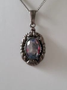 Jugendstil 830er Silber Anhänger Rheinkiesel +835er Silber Kette Antikschmuck - Bild 1 von 10