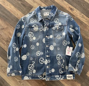 Stranger Things X Justice GIRLS XL Discharged Denim Jacket Peace Signs NEW - Picture 1 of 14