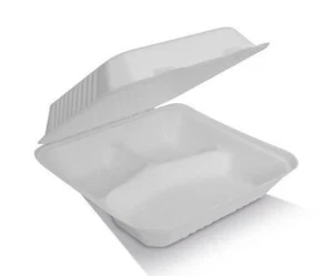 100x Disposable Dinner Box 230x230x80mm 3 Compart White Sugarcane Eco-Friendly - Picture 1 of 2