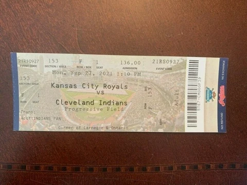 2021 MLB  Cleveland Indians Kansas City Royals home game final 9/27 ticket stub Cover