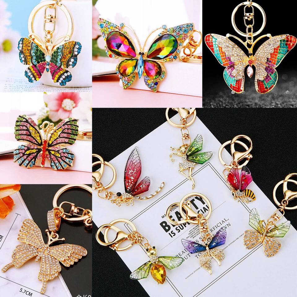 Colourful Tropical Butterfly Crystal Diamante Bag Charms Handbag Keyring Pendant - Image 1 of 1