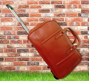 Leather Trolley Duffle Bag Traveling Carry On luggage Cabin Rolling Weekend Bag - Picture 1 of 7