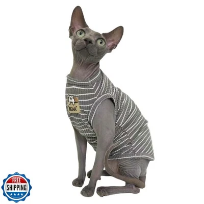 Sphynx猫衣服背心无毛猫罗纹针织条纹猫T恤套装 — 第 1/4 张图片