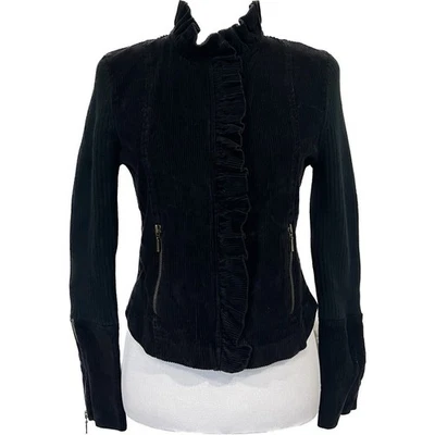Twiggy Womens Corduroy Jacket Black Ruffle Full Zip Ribbed Knit Sleeves Size M - Image 1 of 4