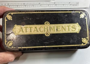 Sewing Machine Attachment Tin-Vintage Black Metal Box w/ Hinged Lid +old buttons - Picture 1 of 6