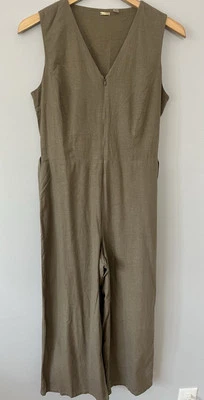 Tahari Olive Green Linen Blend Sleeveless V-Neck Belted Tie Waist Jumpsuit 4 - Image 1 of 4