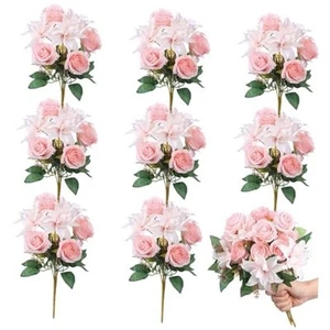 8 Bundles Artificial Roses Flowers Wedding Flower Bouquet for Bride - Picture 1 of 7