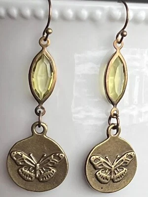 Bronze Butterfly and Olive Green Rhinestone Earrings. Boho Chic. Nature. - Image 1 of 3