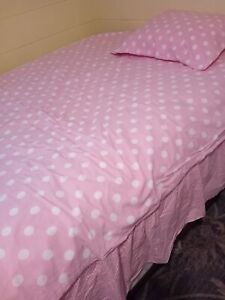 Twin Size Pink & White Polka Dot Duvet Cover W/Gingham Check Bedskirt & Sham