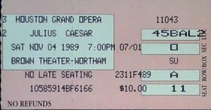 Julius Caesar Musical Ticket Stub Houston Grand Opera Wortham Theater 4.11.1989 - Bild 1 von 2