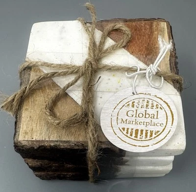 "Juego de posavasos de madera de mármol y borde vivo 4x4"" cantidad de 4 mercado global" Foto 1 de 4