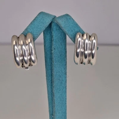 Ribbed Half Hoops Earrings Clip Ons Sterling Silver 925 Vintage Modernist 1cm - Image 1 of 4