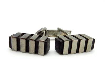 Abotoaduras vintage Pioneer meados do século modernista madeira preta folheada a prata cubista - Imagem 1 de 4