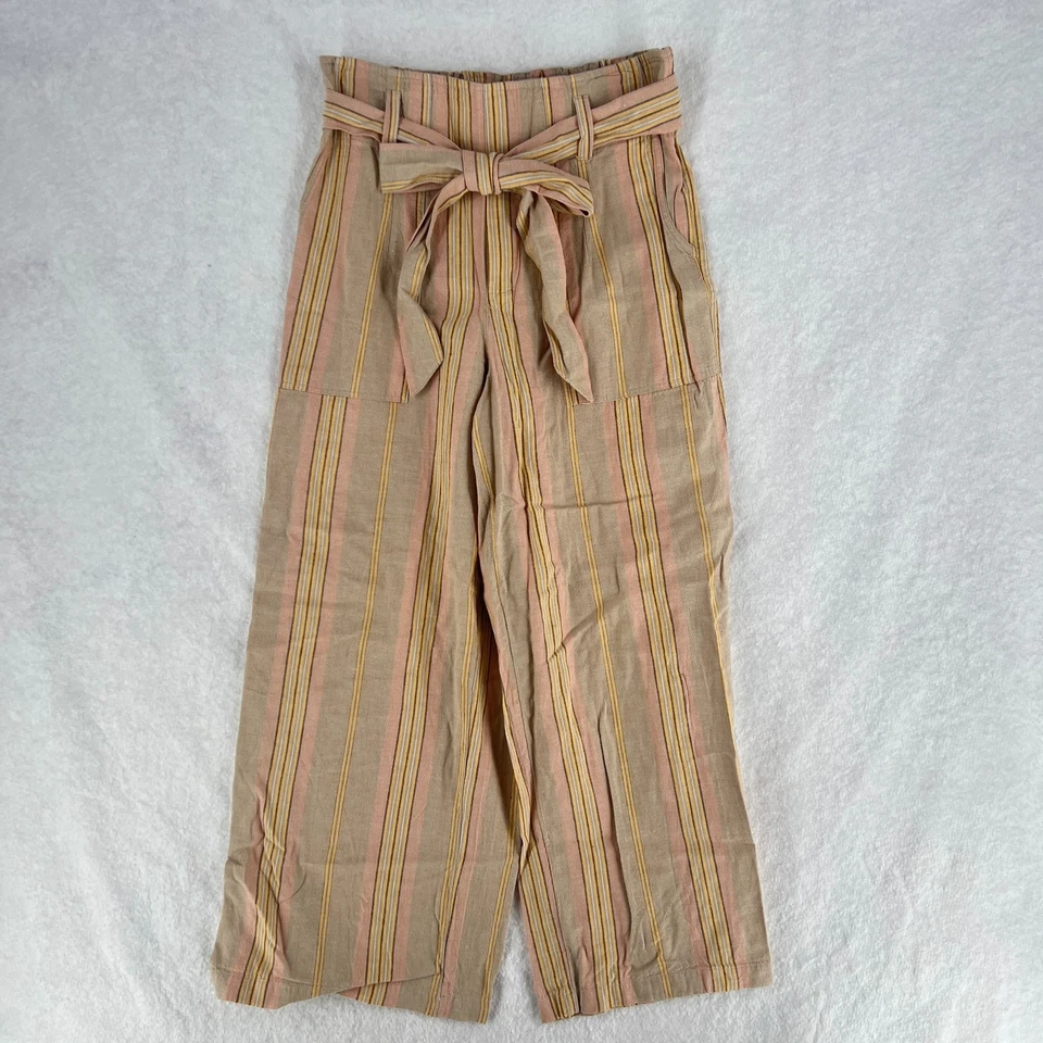 American Eagle Outfitters Bolsa de Papel Pantalones Mujer M Beige Rayas Cinturón Pierna Ancha Foto 1 de 4