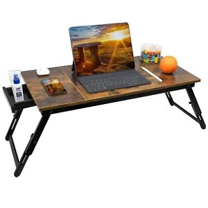 Bamboo Laptop Desk Bed Tray Table Adjustable Table for Computer Tilting Top Fold