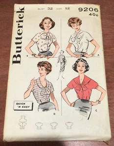 Vintage 1950s Butterick Pattern 9206 Misses’ Blouse 4 Necklines Size 12 Bust 32 - Picture 1 of 5