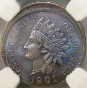 1901 INDIAN HEAD CENT/PENNY RARE PURPLE TONED BEAUTY NGC MS 64 BN 10% OFF CENTER - Picture 1 of 5