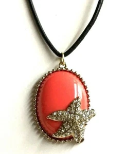 Coral Starfish Necklace Gold Plated Pendant Cabachon Peach 24" Leather Chain - Picture 1 of 11