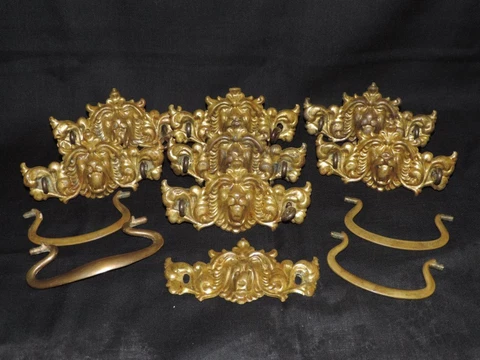8 Vintage Lion Face Pressed/Stamped Metal Draw Pull Plates & Parts Cover