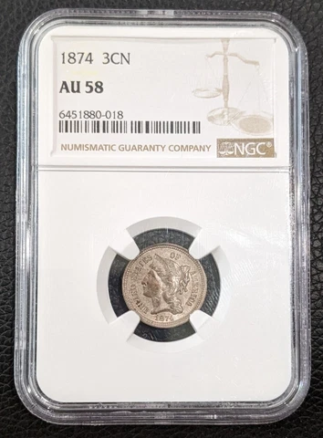 1874 3 Cent Nickel NGC AU58 Struck Thru Error Ok Neck Cover