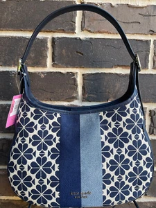 NWT $345 Kate Spade Penny Flower Jacquard Shoulder Bag Stripe Small Black Hobo - Picture 1 of 4