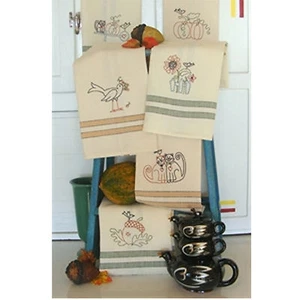 Bird Brain Designs HARVEST TEA TOWELS Stitchery Pattern - Picture 1 of 1