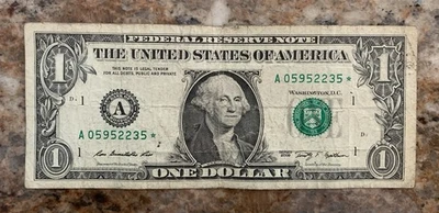 Star Note 2009 $1 Dollar Bill # A 05952235* - Image 1 of 2