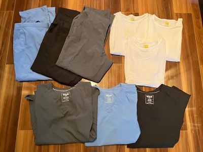 WonderWink W123 Scrub Tops SZ L & Pants SZ L Petite Blue Gray Black + Tshirts 3 - Image 1 of 4
