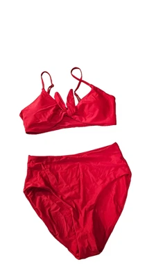 Red High Waisted V Neck Two Piece Bikini Set Cross Back Women's Swimsuits Size M - Image 1 of 4