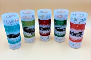 Vintage Classic Cars Frosted Glass Tumblers Set of 5 Barware Collectibles - Picture 1 of 12