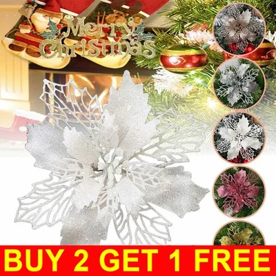 SOLDEASIL 10X Christmas Large Poinsettia Glitter Flower Tree Hanging Xmas Party Decor UK