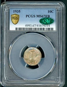 US 1935 MERCURY SILVER DIME LASTRA PCGS & CAC MS67 FB A5 - Foto 1 di 2