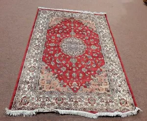 Pakistani Carpet Rug Silk Wool Blend 4x6 Genuine Oriental Red White Floral New - Picture 1 of 1