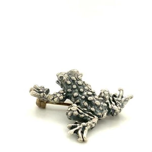 Vintage Sterling Signed 925 Mexico Art Nouveau Carve Frog Toad Shape Brooch Pin - Picture 1 of 7