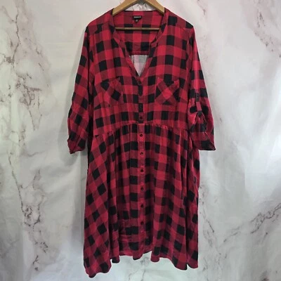 Torrid Dress Womens 4 4X Plaid Red Black Buffalo Mini Challis Skater Button Roll - Image 1 of 4