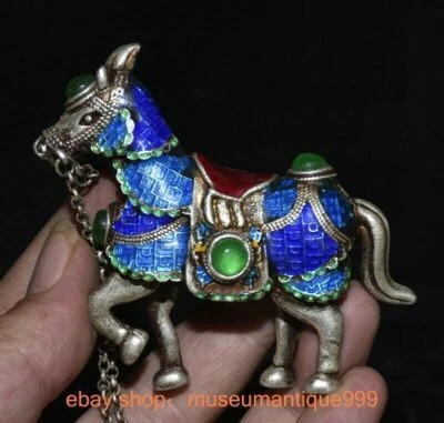 3.6" Old Chinese Silver Cloisonne inlay Green jade Fengshui Animal horse statue - Image 1 of 4