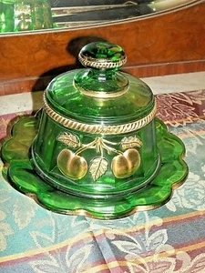 NORTHWOOD BUTTER DISH PEACH & CABLE in EMERALD GREEN MARKED W/ N LOGO - Picture 1 of 6