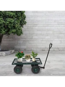 86*46*97cm Garden Iron Wood Four Wheel Square Garden Wagon Green - Picture 1 of 12