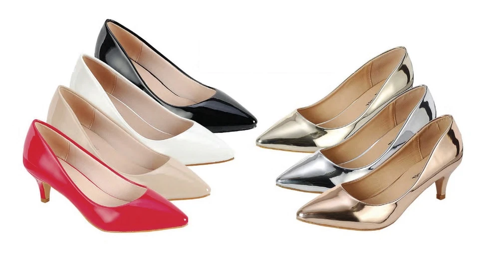 Zapatos clásicos de tacón bajo de gatito con punta cerrada puntiaguda de charol para mujer Foto 1 de 1