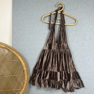 Tree Of Life Velvet Dress Size L Brown Boho Mini Halter - Picture 1 of 7
